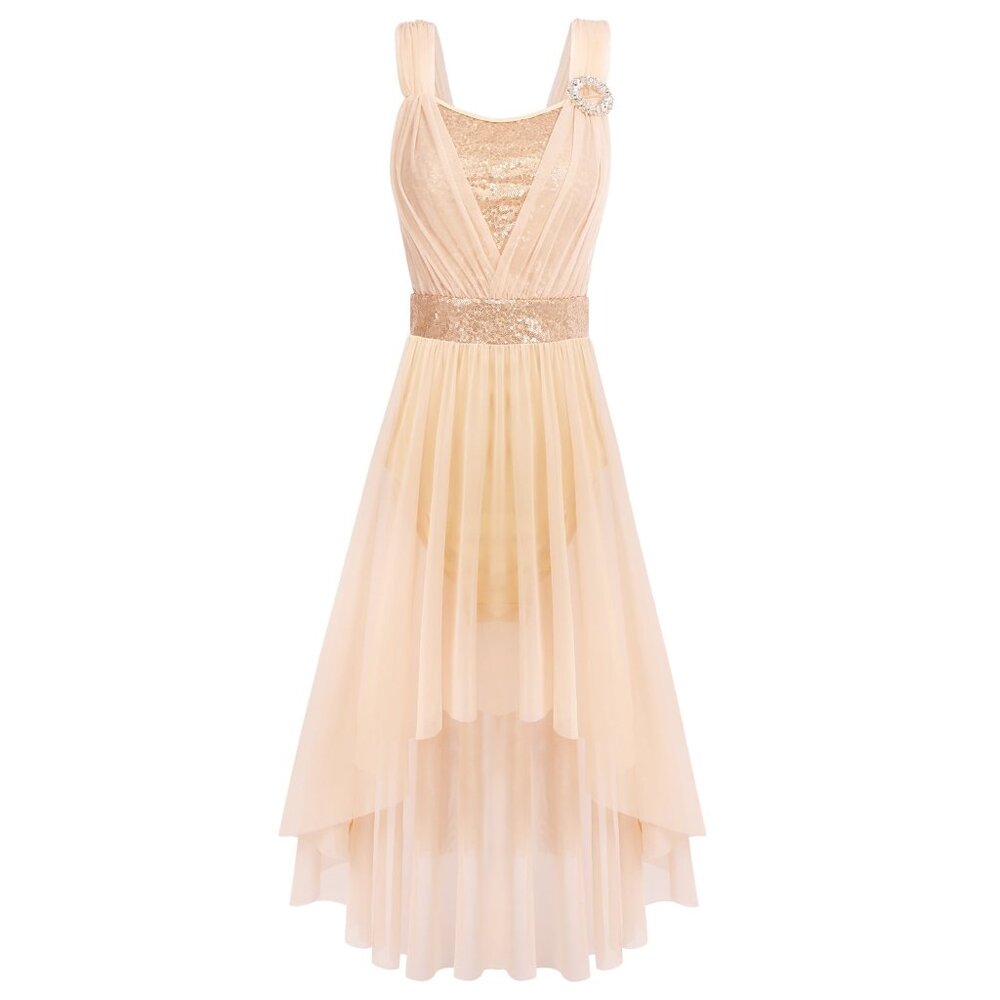 Ibtom Castle sleeveless sequin elegant dance champagne mesh tulle dress sz M